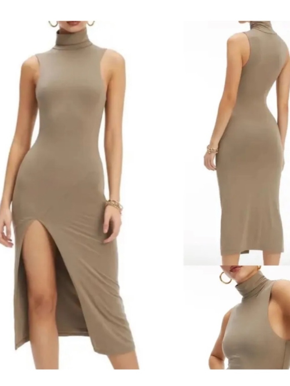 Good American Size 2 Sleeveless Brindle Turtleneck Midi Dress Minimalist Neutral